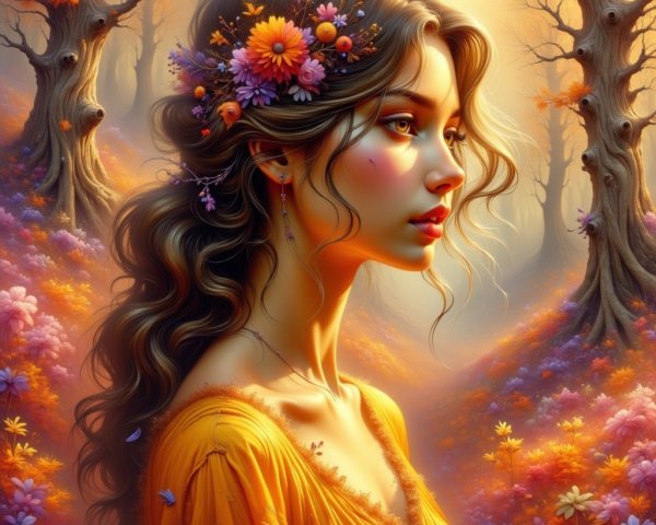 Portrait of a Young Woman in a Colorful Forest