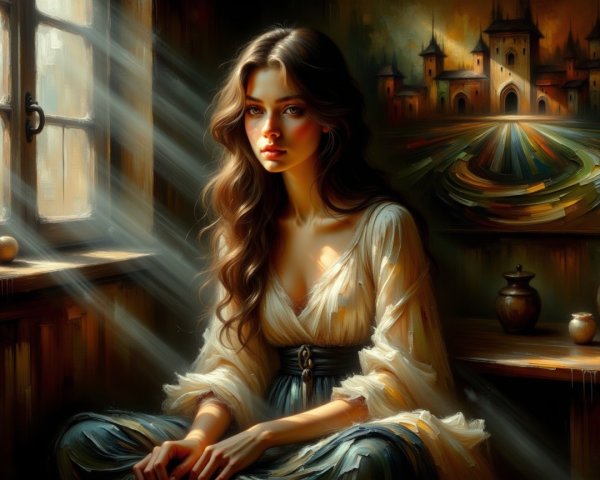 Thoughtful Woman in Softly Lit Rustic Room