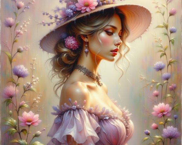 Serene Woman in Floral Dress and Wide-Brimmed Hat