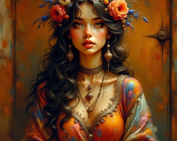 Woman with Dark Hair and Floral Dress Against Texture
