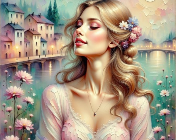 Watercolor Portrait of Woman with Floral Accents