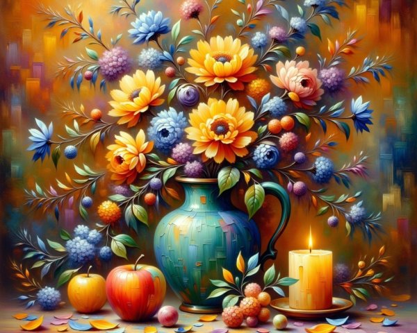 Vibrant Still Life with Flowers, Candle, and Fruits