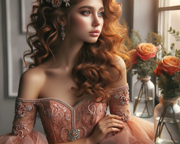 Young woman in elegant gown with floral decor by window