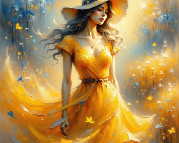 Woman in Yellow Dress in Flower Field Scene