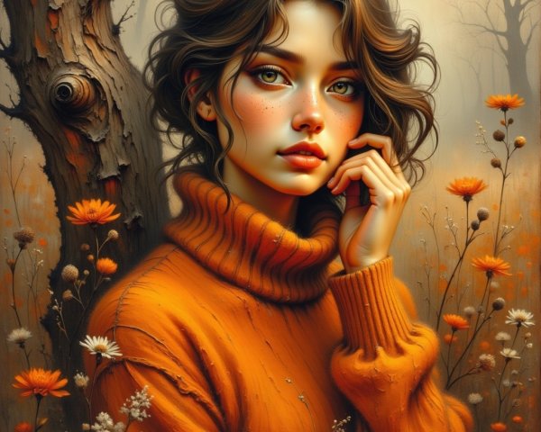 Young woman in orange sweater amidst autumn scenery