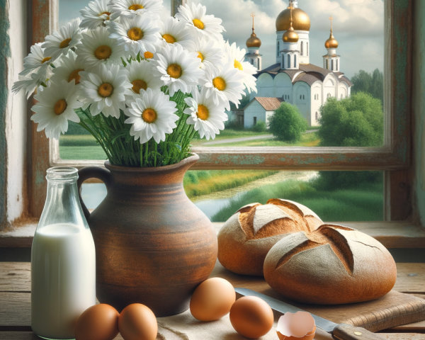 Rustic Scene with Daisies, Milk, and Church View