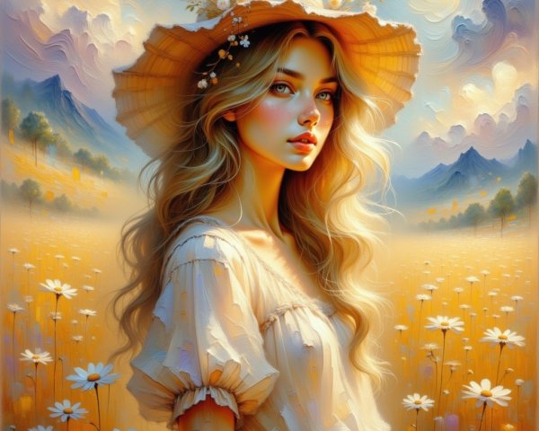 Young woman in cream dress in golden daisy field