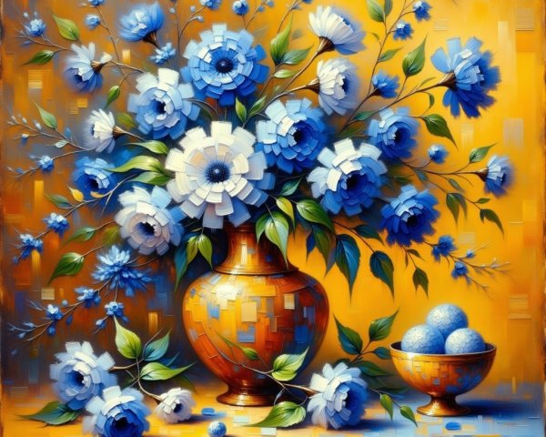 Vibrant Still Life with Flowers and Blue Eggs