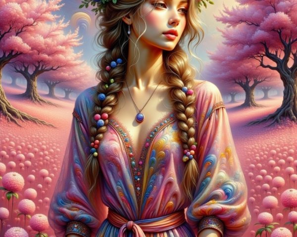 Young Woman in Whimsical Floral Landscape