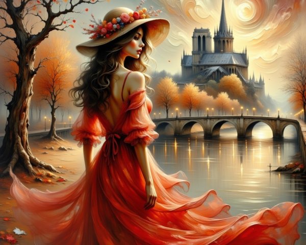 Woman in Orange Dress by Serene River and Castle