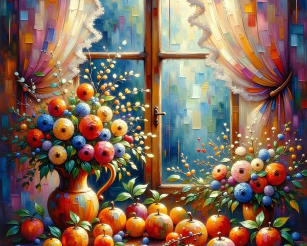Vibrant Still Life with Flowers and Oranges