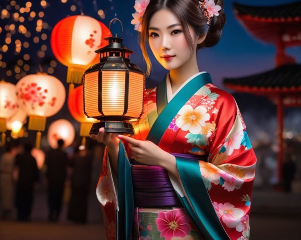 Young Woman in Colorful Kimono with Lantern at Pagoda