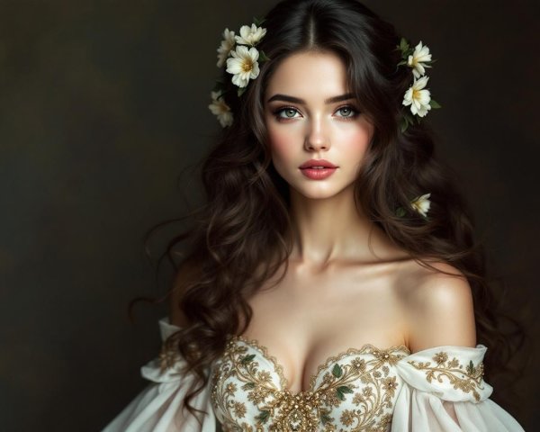 Young woman in embroidered gown with flowers in hair