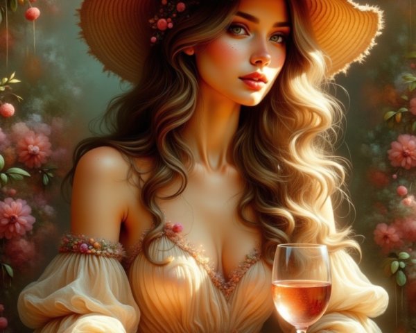 Young woman in floral setting with wine glass