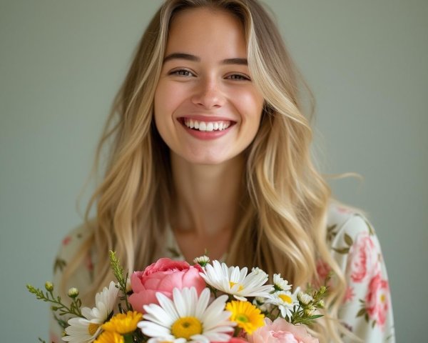 Young woman with bouquet of pink roses and daisies