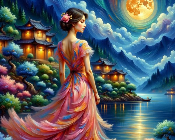 Young Woman by Lake with Moonlit Sky and Blossoms
