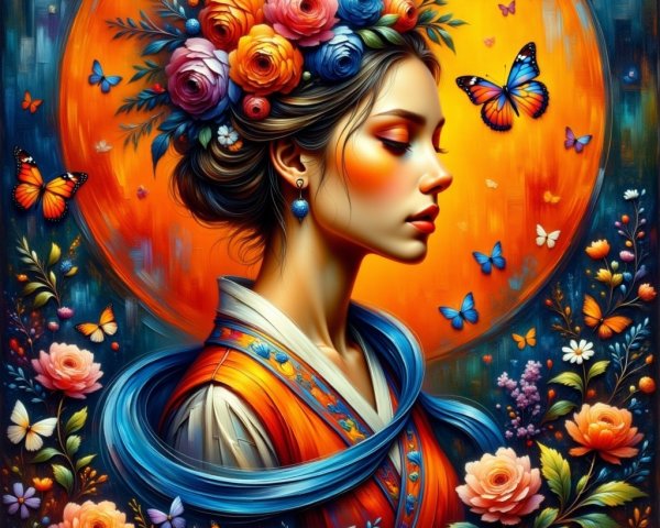 Colorful Portrait of Woman with Flowers and Butterflies