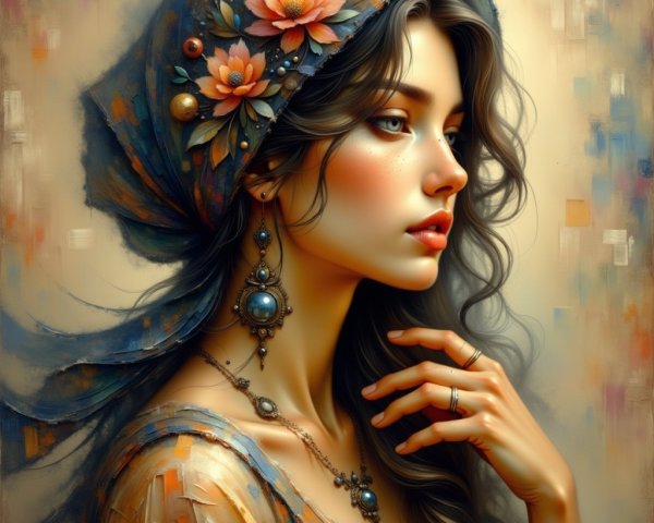 Styled Woman with Long Hair and Blue Scarf