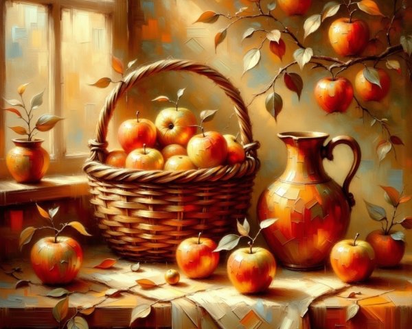 Still Life with Woven Basket of Ripe Apples