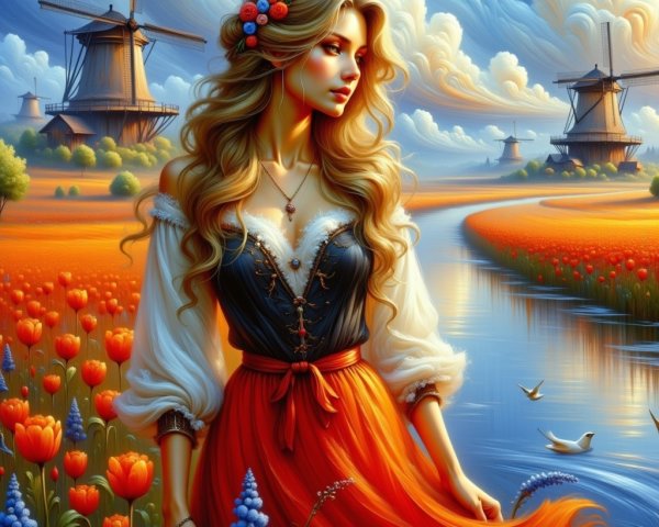 Serene landscape with woman in traditional dress by river