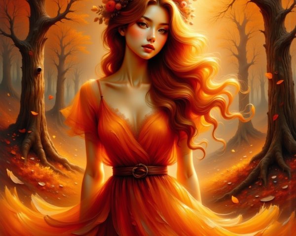 Ethereal Woman in Autumn Forest with Vibrant Colors