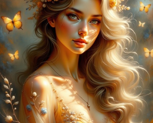 Serene Young Woman in Floral Gown with Butterflies