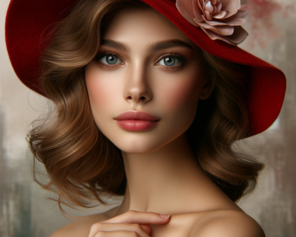 Elegant Woman in Red Hat with Flower and Dreamy Background