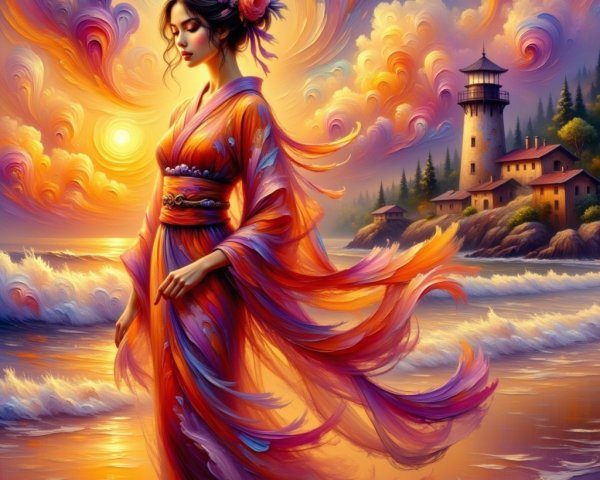 Woman in Orange Kimono by the Shore at Sunset