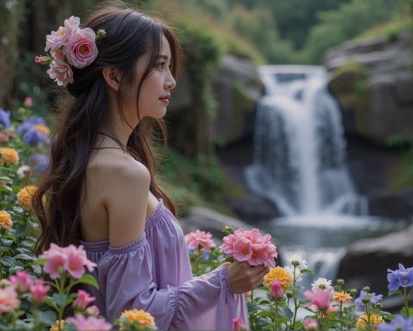 Young Woman in Lavender Dress in Vibrant Garden