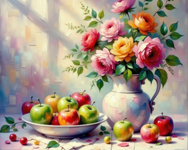 Vibrant Still Life with Roses, Apples, and Cherries
