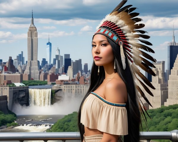 Indigenous Woman in Urban Skyline with Waterfall