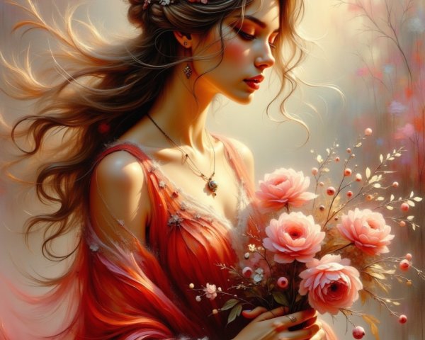 Serene Woman in Flowing Dress with Floral Bouquet