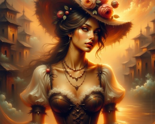 Woman in Corset with Sunset and Village Background