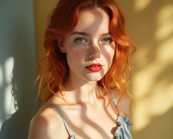 Young Woman with Red Hair in Pastel Background