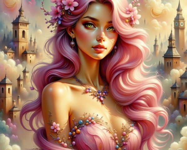 Enchanting Woman with Pink Hair in Fairy-Tale Setting