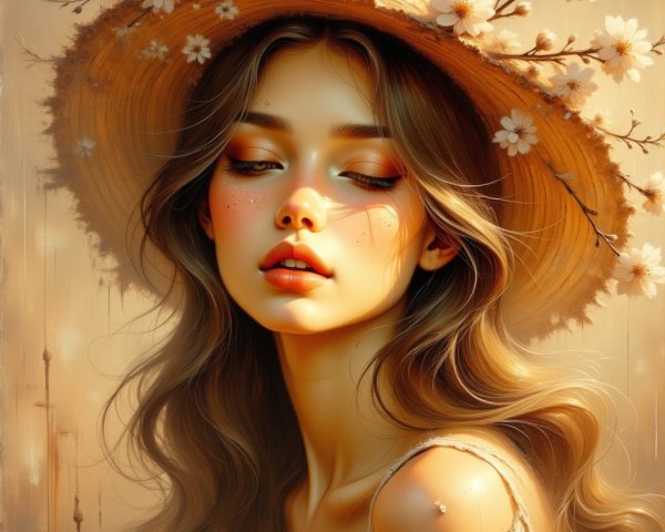 Portrait of a Young Woman with Flowers and Hat