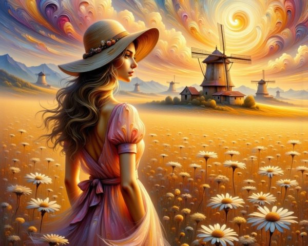 Young Woman in Pink Dress in Golden Daisy Field