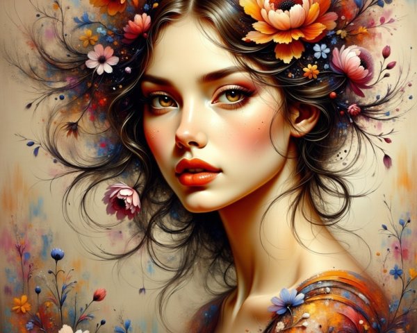 Portrait of a Young Woman with Floral Hair Accents