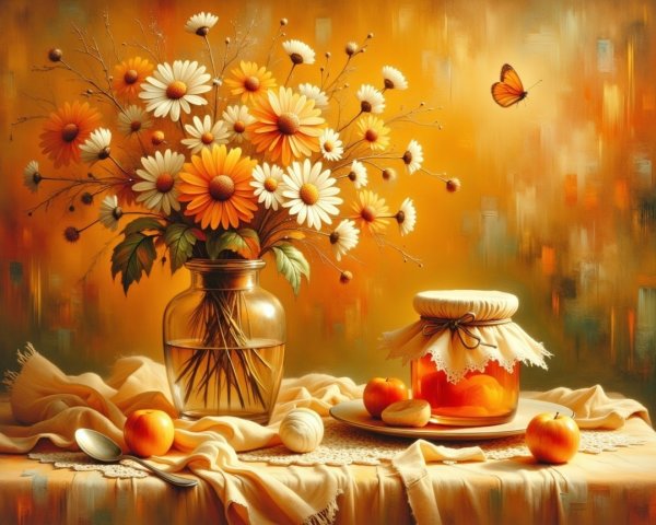 Vibrant Still Life with Daisies, Honey, and Oranges