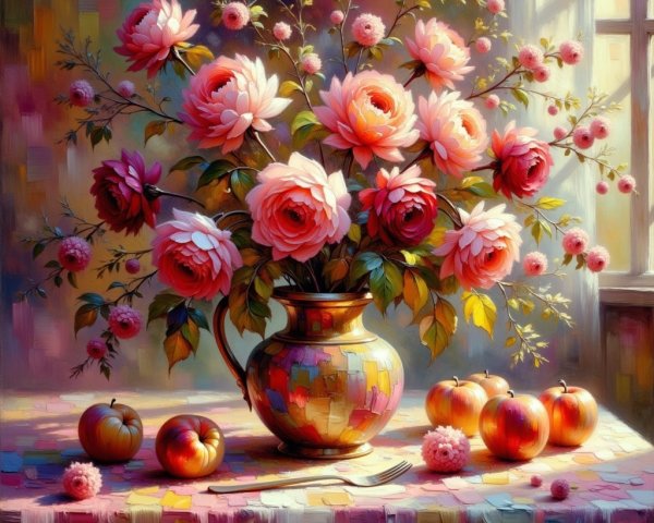 Vibrant Still Life with Roses and Ripe Apples