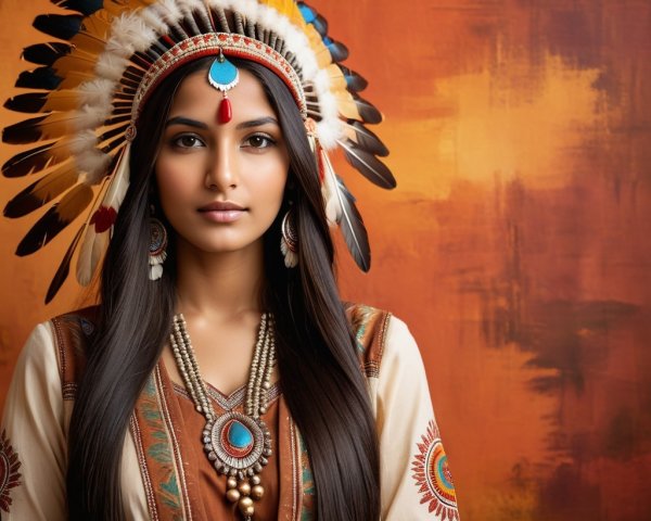 Young woman in traditional attire with feathered headdress