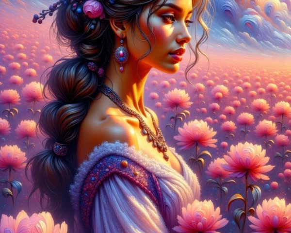 Young woman in floral gown amidst vibrant fields