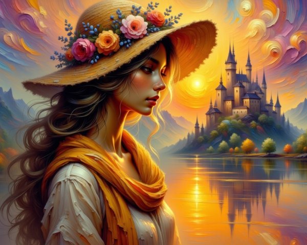 Young woman in hat by sunset lake with castle silhouette