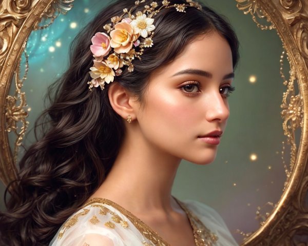 Young woman with floral hair accessories in ornate frame