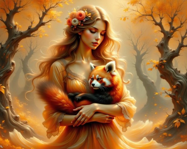 Young Woman with Red Panda in Autumn Forest Scene
