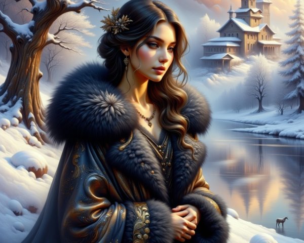 Winter Scene with Woman by Tranquil River and Castle