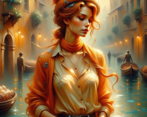 Elegant Young Woman in Sunlit Canal Setting