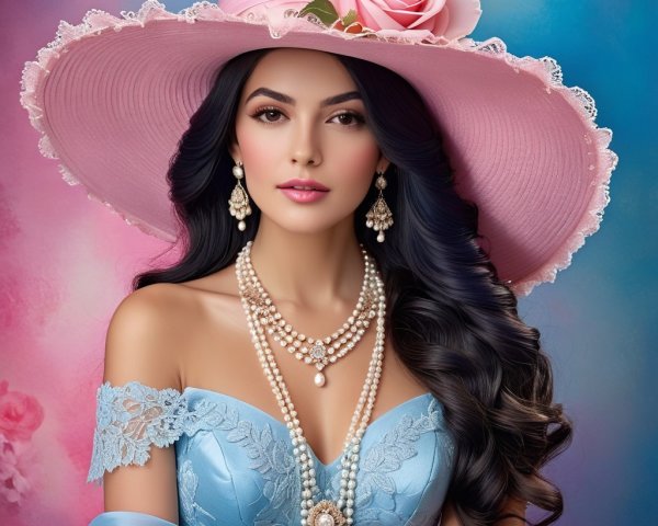 Glamorous Woman in Pink Hat and Elegant Blue Gown