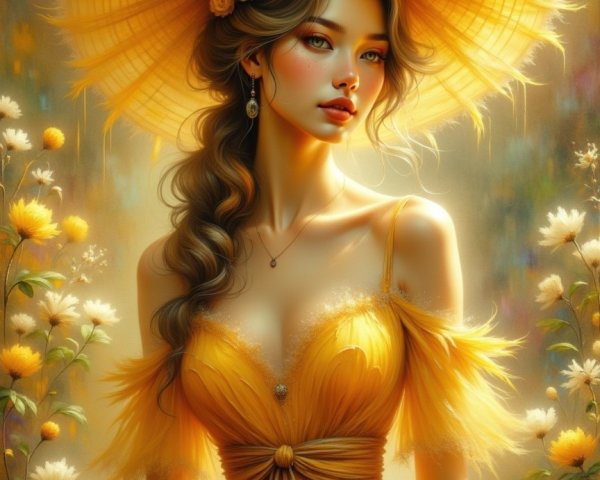 Young woman in yellow dress with floral backdrop