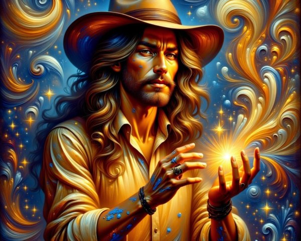 Man with long hair and hat holding glowing orb